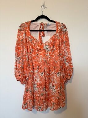 Floral Orange Puff-Sleeve Mini Dress